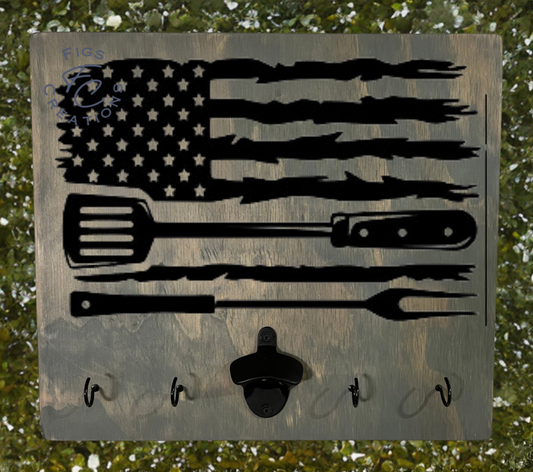 American Flag w/ Grill Utensils BBQ Sign