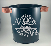 Personalized Large Metal Round Bucket w/ Leather Strap